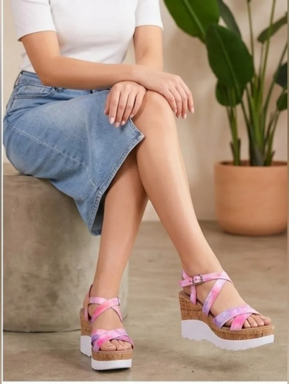 YOKI Jackie Pink Purple Tie Dye Strappy Platform Cork Wedge Sandals NEW Size 7.5